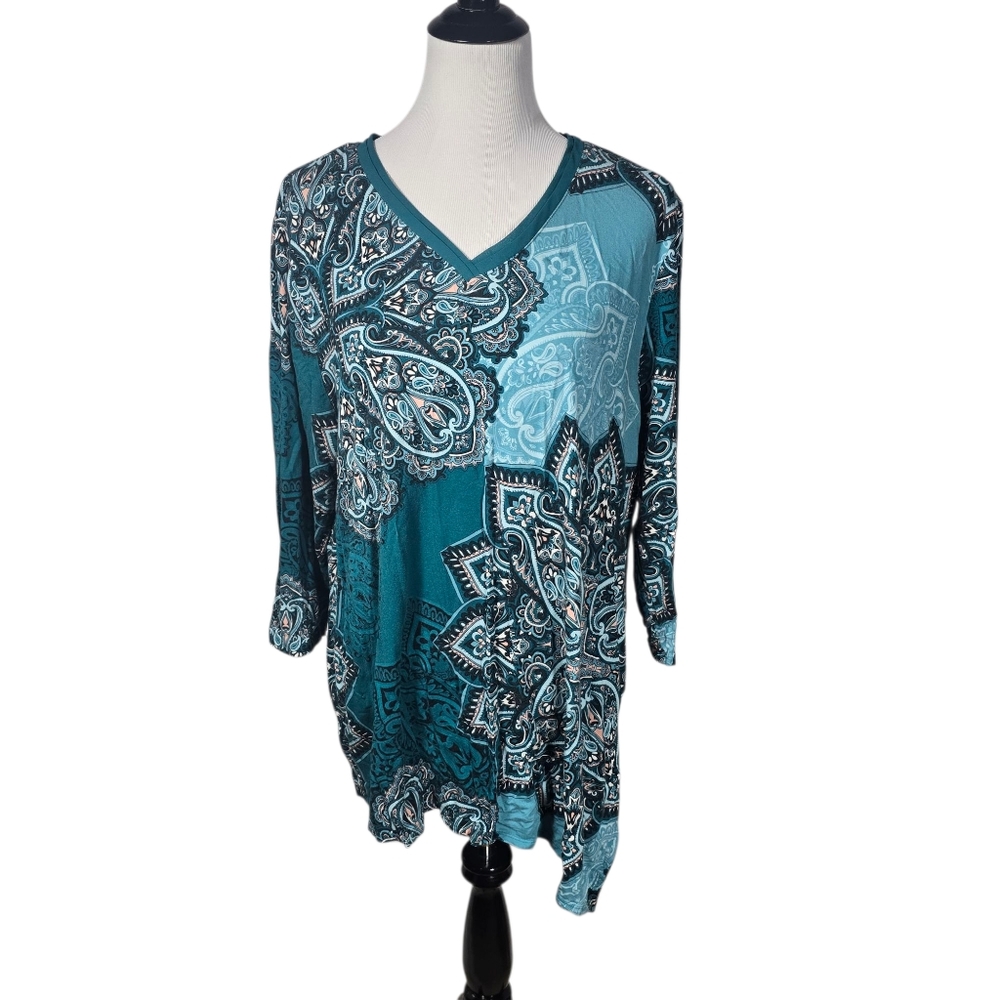 Chico's Size 3 (Approx Size 16) Blue and Black Asymmetrical 3/4 Sleeve Tunic
